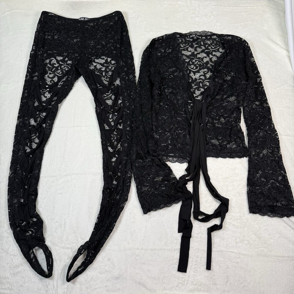 I.AM.GIA Lace Set Black Size Medium Long Bell Sleeve Top Stirrup Corset Pants